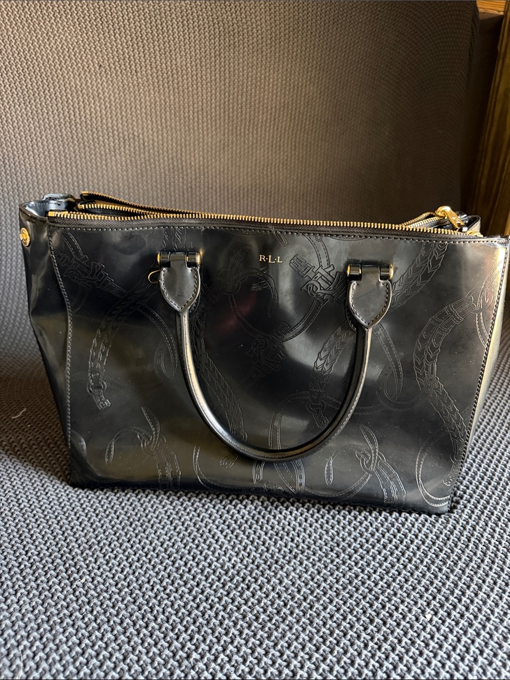 VINTAGE Polo by Ralph Lauren Black Embossed Leather Tote with Gold Hardware